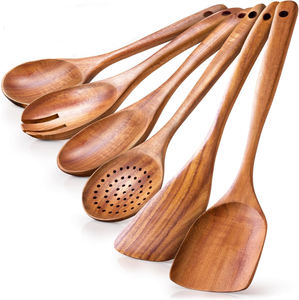 Juego de 6 Utensilios de Cocina de Madera de Acacia y Teca, Cucharas de Madera para Cocinar - Product Image 1