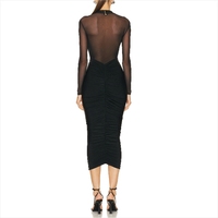 Robe de soirée moulante mi-longue noire sexy en maille transparente à col semi-montant et manches longues, haute qualité, collection 2025
