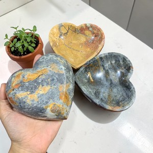 Natural Maligano Jasper Heart Shaped Small Bowl Hand Carved Polished Decorative <b>Stone</b> <b>Art</b> & Collectible Bowl Grey and Orange - Product Image 1