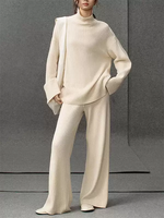 Ensemble deux pièces en cachemire 100 % pour femme, tricot côtelé vertical, haut en maille oversize à col cheminée, pantalon droit, tenue décontractée et confortable