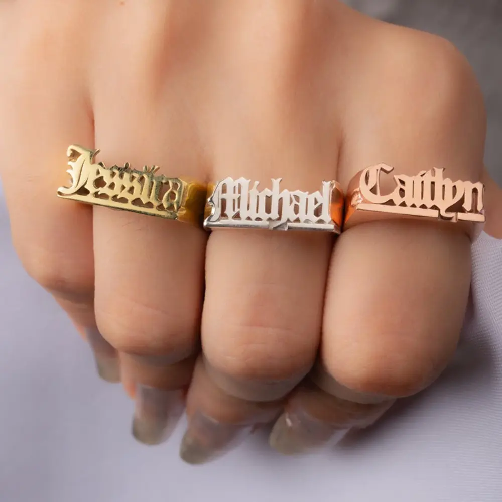 Lateefah 18k Pvd Gold Plated Stainless Steel Jewelry Chunky Fashion Cursive Font Custom Ring Name Ring Personalized Jewelry