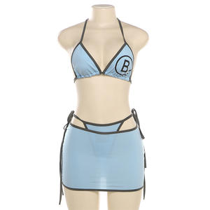 STOCK Deux Couleurs <span class=keywords><strong>Sans</strong></span> Pad Triangle Top Basique String Bikini Femmes 3 Pièces Maillots De Bain Plage Jupe CoverUp - Product Image 2