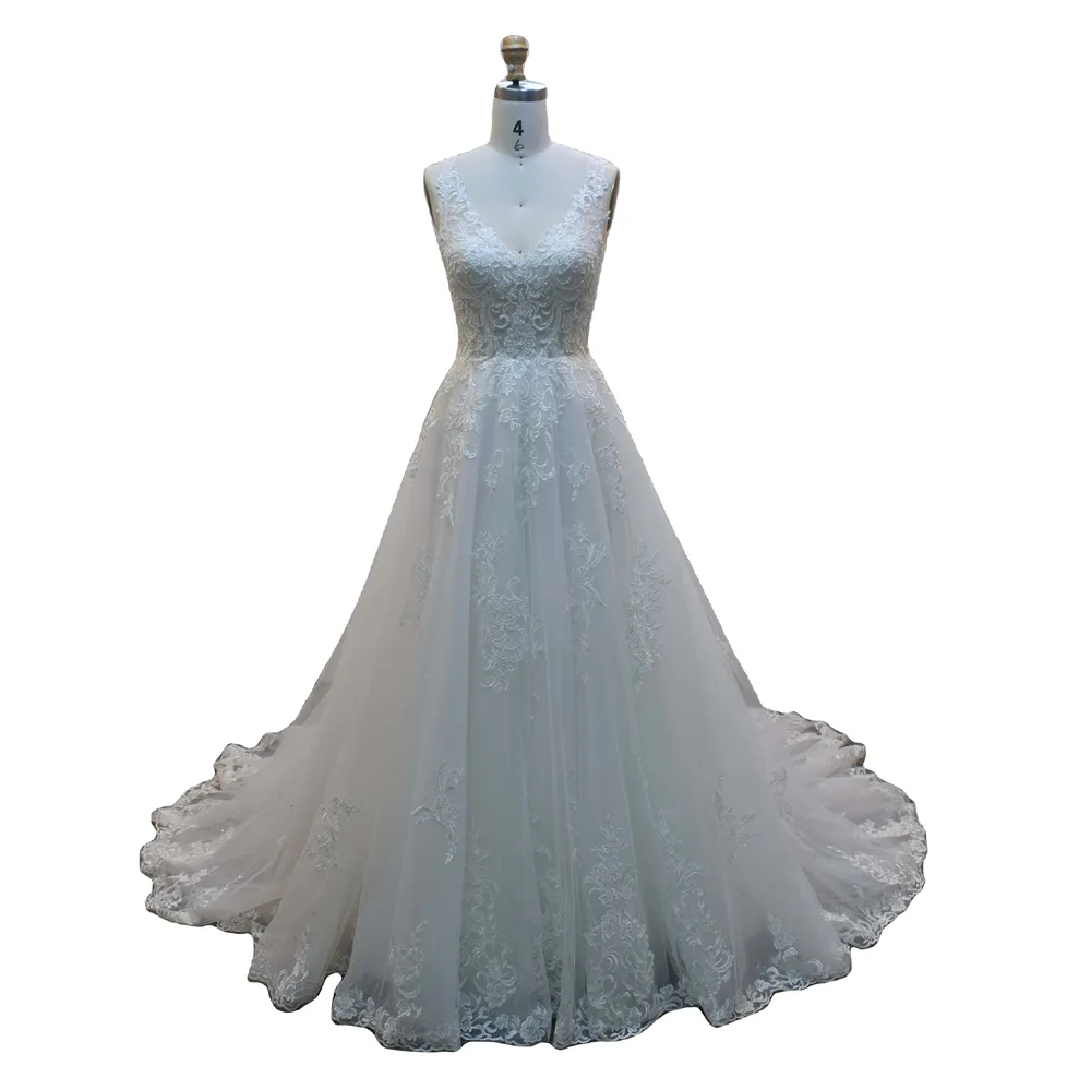 Abito da sposa per la sposa elegante vestidos de novia pizzo Applique una linea scollo A V Tulle abito da sposa avorio senza maniche