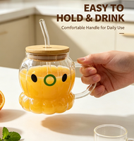 Mug en verre borosilicate transparent fait main, motif pieuvre et citrouille, avec couvercle en bambou et paille, écologique