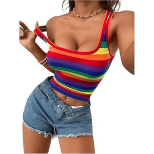 FOXA Women's <b>Rainbow</b> Striped Crop Tank <b>Top</b> Sleeveless Scoop Neck Slim Fit Summer <b>Top</b> - Product Image 1