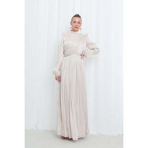 Puane Women's Modern Modest Satin Textured Pleated Long Sleeve Evening Dress - Elegant Beige Abaya Gown for Special Occasions - Product Image 3