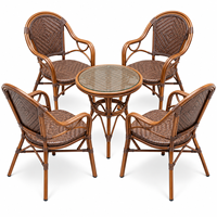 Ensemble bistrot d'extérieur en aluminium avec table ronde en verre et 4 chaises en rotin, mobilier de jardin et de terrasse pour café et cour arrière
