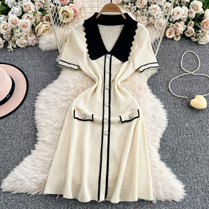 Abiti in Maglia da Donna con Colletto <span class=keywords><strong>Peter</strong></span> Pan, Maniche Corte, Monopetto, Slim-Fit e Blocchi di Colore - Product Image 2