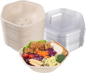 Conteneur à salade hexagonal écologique jetable en canne à sucre avec couvercle, 750/1000/1300/1600 ml - Product Image 1