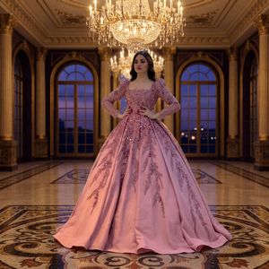 Robe de bal rose à col rond et manches longues, ornée de perles, en taffetas rayonnant, longueur ras du sol, avec traîne chapelle, soutien-gorge intégré, respirante - Product Image 3