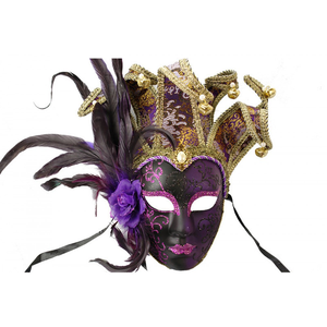Grande maschera di plastica veneziana con piuma di gallo e fiore sul lato - Product Image 2