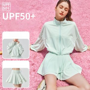 Conjunto de protección solar para mujer, Chaqueta corta con cremallera completa y cuello levantado con falda acampanada, ropa deportiva informal ligera para exteriores - Product Image 1