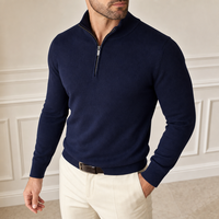 Pull en maille bleu marine pour homme avec logo personnalisé, col montant, manches longues, ourlet côtelé, fabrication OEM/ODM, vente en gros