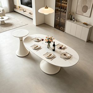 Table à manger ovale moderne en pierre frittée, base en forme de sablier blanc crème avec bordure dorée, mobilier de salle à manger pour la maison, l'hôtel et le restaurant - Product Image 5
