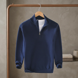 Suéter de Punto Azul Marino para Hombre, con Cierre de Media Cremallera, Manga Larga, Color Sólido, Ropa Casual de Otoño - Product Image 4