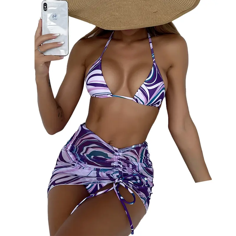 2022 New Women Designer Swimwear 3 Pack Allover Print Triangle Bikini Swimsuit Beachwear Beach Skirt