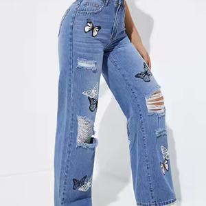 กางเกงยีนส์ขาบานเอวสูงแห้งเร็วสำหรับผู้หญิง ระบายอากาศได้ดี ปักลายผีเสื้อ แต่งขาดแบบลำลอง ปักลายที่เอว - Product Image 4