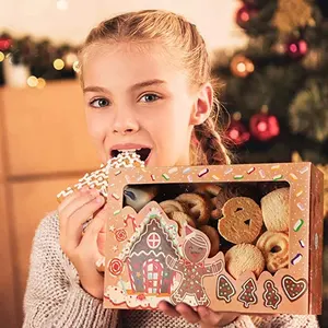 핫 세일 크리스마스 비스킷 사탕 선물 상자 투명 창, 산타 클로스 눈사람 휴일 디자인 및 크리스마스 리본 선물