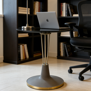 Mesa de centro redonda contemporánea para el hogar, con tapa de cristal tintado oscuro y base de jaula de alambre negro, modelo Nebula Orbit - Product Image 2