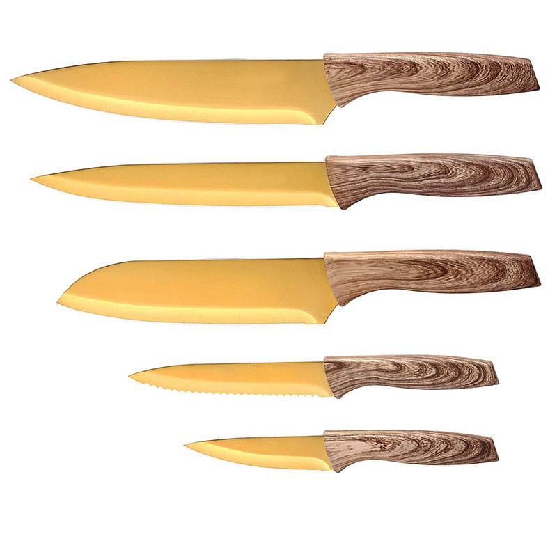 6 шт. мягкий Сенсорный деревянный узор ручка нержавеющая сталь антипригарное покрытие шеф-повара хлеб овощные Ножи кухонный набор золотых ножей