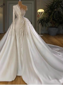 Vestido de Novia de Satén de Lujo con Cola, Elegante Vestido de Gala Ajustado con Cuentas, Volantes Drapeados y Bordados, Precio de Fábrica - Product Image 4