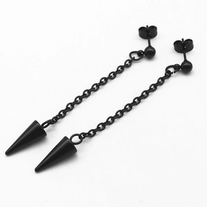 <b>Black</b> Titanium Steel Cone <b>Stud</b> <b>Earrings</b> with Chain Geometric Spike Design for Men Women Fashionable Long Drop Guangzhou - Product Image 2