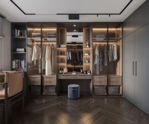 ตู้เสื้อผ้าไม้เนื้อแข็งชุดตู้เสื้อผ้าห้องนอนพร้อมโต๊ะเครื่องแป้งประตูกระจกไฟ LED - Product Image 2