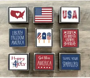 Pafu 3pcs Independence Day July 4th Decor Tiered Tray Decor Patriotic Decor USA God Bless America Wooden Blocks