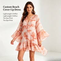Robe mini tie-dye pour femme, manches cloche, col en V, cordon de serrage à pampilles, ourlet à volants, fluide, cache-maillot de plage
