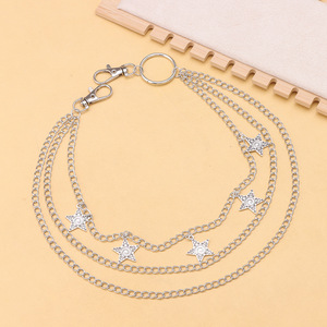 Chaîne de pantalon punk hip-hop avec pendentif étoile, chaîne de taille double anneau en argent tibétain, chaîne de corps décontractée et tendance - Product Image 3