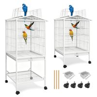 Cage à oiseaux moderne à toit ouvert avec support à roulettes, étagère de rangement à 2 niveaux en fil de fer robuste et roues à 360 degrés pour perroquets à longue tenue