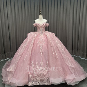 Vestido de Quinceañera de Princesa, Largo hasta el Suelo, con Cola de Capilla, de Gasa Rosa, con Apliques de Encaje y Cuentas, para Fiesta de Noche Formal - Product Image 2