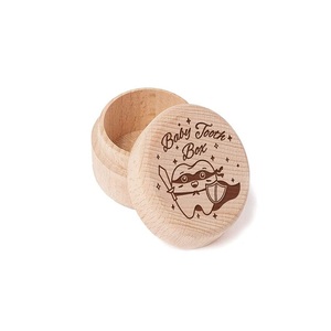 Natural wood round kids teeth box customizable cover cartoon child deciduous teeth storage box