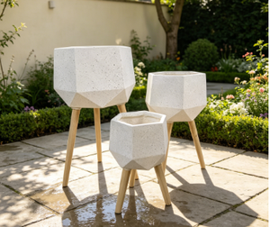 3 Pcs White Arch Embossed Tripod Planter Set, Standing <b>Flower</b> <b>Pot</b> with Wood Legs - Product Image 4