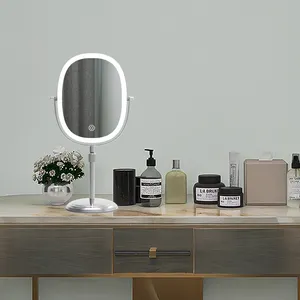 Desktop Oval Shape Comfortable Size Polished Metal Frame LED Cosmetic Mirror Metal Standing Mirrors