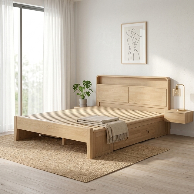 Modern Double Bed Full Queen Solid Wood Soft Bed Platform Frame Multi-Functional Storage Eco-Friendly Space Saving Bedroom