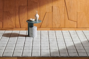 Tapis carré marocain élégant et moderne en laine jacquard nouée à la main, de luxe, écologique, imperméable, à motif géométrique, à poils moyens - Product Image 2