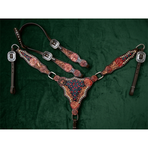 Western Leather Horse Bridle Breast Collar Set Hand Beaded <b>Equestrian</b> Tack Riding Ranch Rodeo Halters - Product Image 6