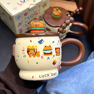 Mug en céramique mignon en forme de hamburger avec couvercle et cuillère pour filles, idéal pour le thé ou le lait en dortoir - Product Image 1