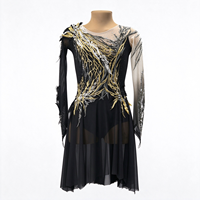 Robe de patinage artistique noire pour enfants et adultes, maille nude, manches longues, strass or et argent, pour spectacle de patinage sur glace