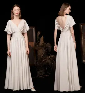#9132 Elegant V-Neck Sexy Open Back Cap Sleeve Pleat A-Line Soft Satin Floor Length Wedding Dress Bride Gown