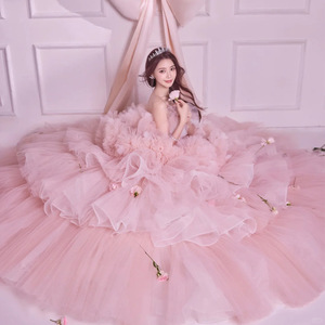Pink Tulle Ball Gown Strapless Empire Waist Wedding Dress For Studio Photo Shoots - Product Image 5