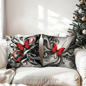 Des papillons rouges et des lys ornent des coussins décoratifs élégants noirs et blancs, ajoutant un charme festif au salon confortable. - Product Image 3