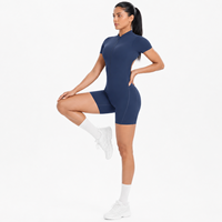 Combinaison de sport une pièce pour femme à manches courtes, dos nu, froncée, avec fermeture éclair sur le devant, pour le yoga, la course et le fitness