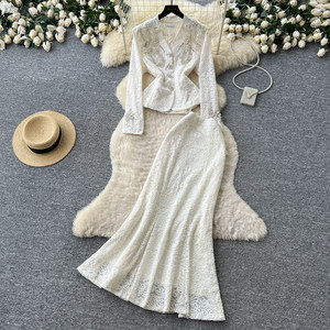 Ensemble <span class=keywords><strong>deux</strong></span> <span class=keywords><strong>pièces</strong></span> chic et élégant pour <span class=keywords><strong>femme</strong></span>, col en V, <span class=keywords><strong>dentelle</strong></span>, perles et broderies, coupe ajustée, collection automne, qualité supérieure - Product Image 5
