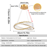 Lustre en cristal LED à 3 couleurs, diamètre 60cm, 33W, avec câble de 100cm, hauteur réglable, lampe suspendue pour chambre à coucher, salle à manger