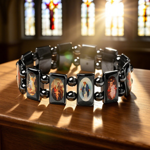 Orthodox Christian Black Plastic Zinc Alloy <b>Stretch</b> Beaded Virgin Mary Jesus Image Rectangle Tile Prayer Vintage Unisex <b>Bracelet</b> - Product Image 3