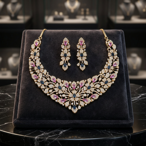 Parure de bijoux de luxe en laiton et zircon, collier ras-du-cou et boucles d'oreilles plaqués rhodium rose et bleu, style mariage américain, bijoux de mode pour femme - Product Image 2
