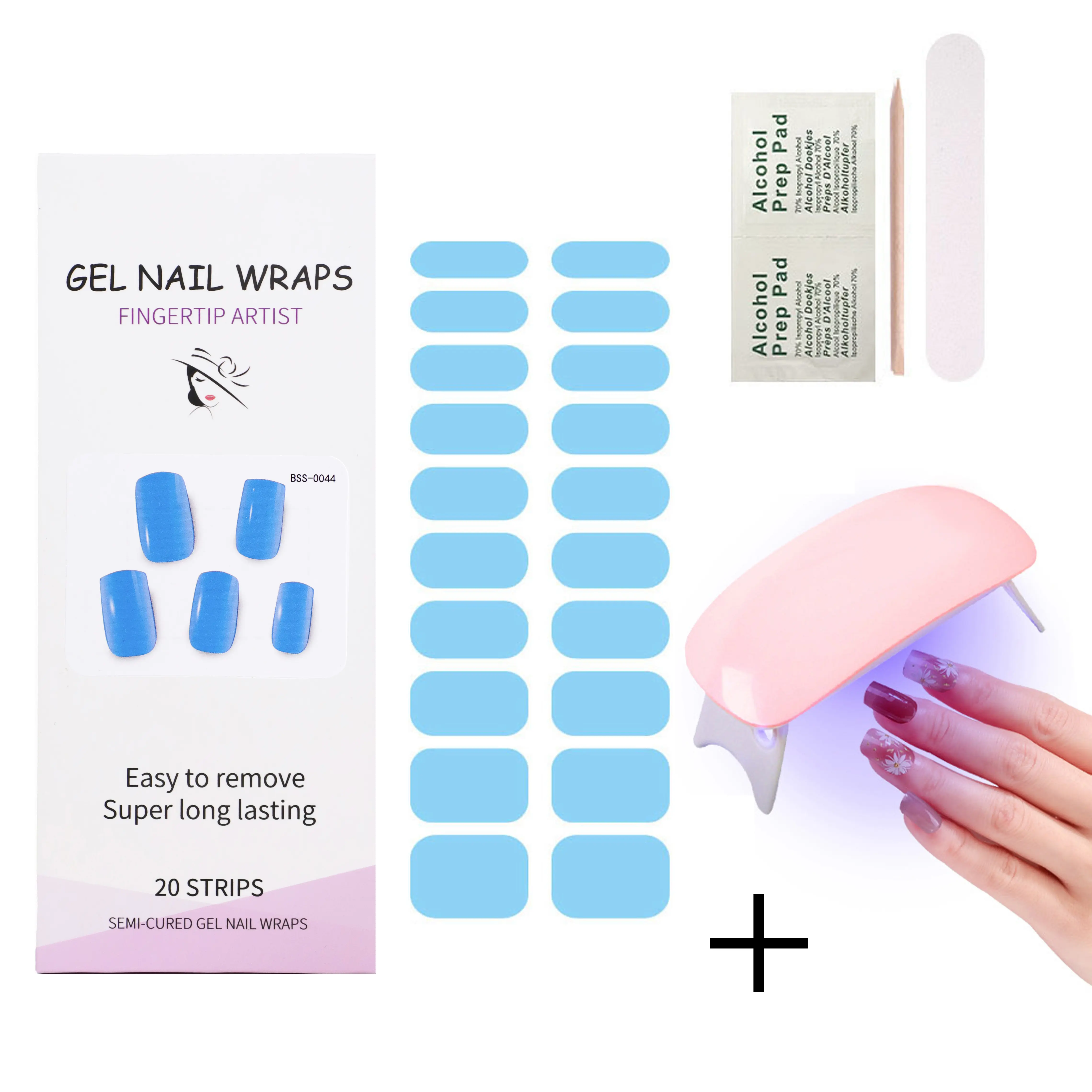 New Arrival Semi Cured Gel Nail Wraps With Sun Mini Lamp Stickers To Cure Uv Gel Nail Strips Kit