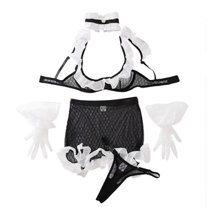 ชุดชั้นในสตรีมีห่วงคอตาข่ายพร้อมถุงมือชุดกางเกงในบราสำหรับแม่บ้านชุดใหม่ - Product Image 6